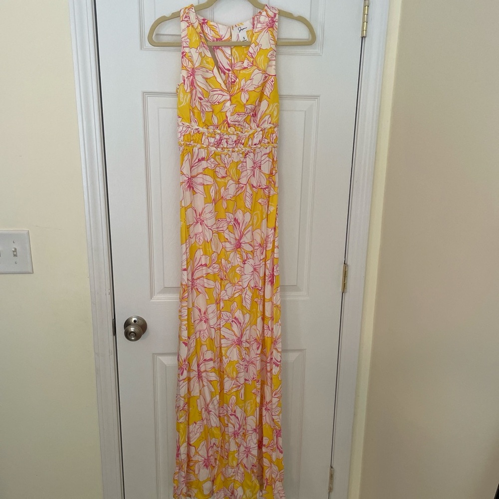 Japna Yellow Pink Floral Sleeveless Razorback Smocked Maxi Dress